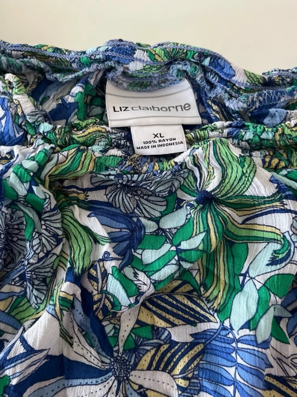 Liz Claiborne Blue, Green & White Floral Peasant Blouse